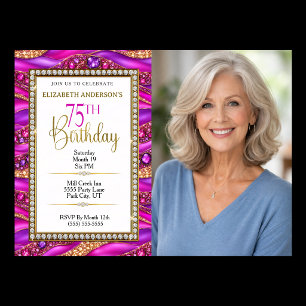 Invitación Cumpleaños de 75 años con foto Glam Pink Gold Jewe