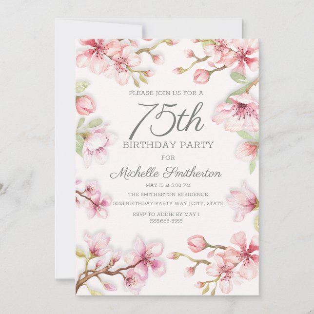 Invitación Cumpleaños de 75 años de mujer con flores rosadas  (Anverso)