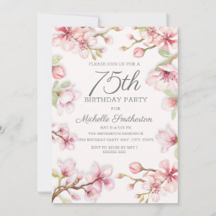 Invitación Cumpleaños de 75 años de mujer con flores rosadas 