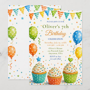 Invitación Cumpleaños de 7 años con Cupcake Neutro en Género
