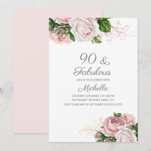 Invitación Cumpleaños de 90 y fabuloso Rosa Floral Rubor