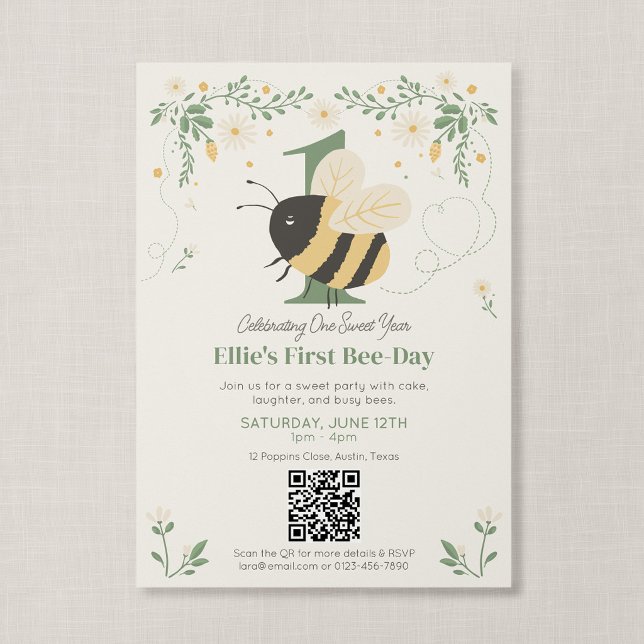 Invitación Cumpleaños de abeja de miel del primer día de abej (Wildflower Flight - First Bee Day Invitation with QR Code)