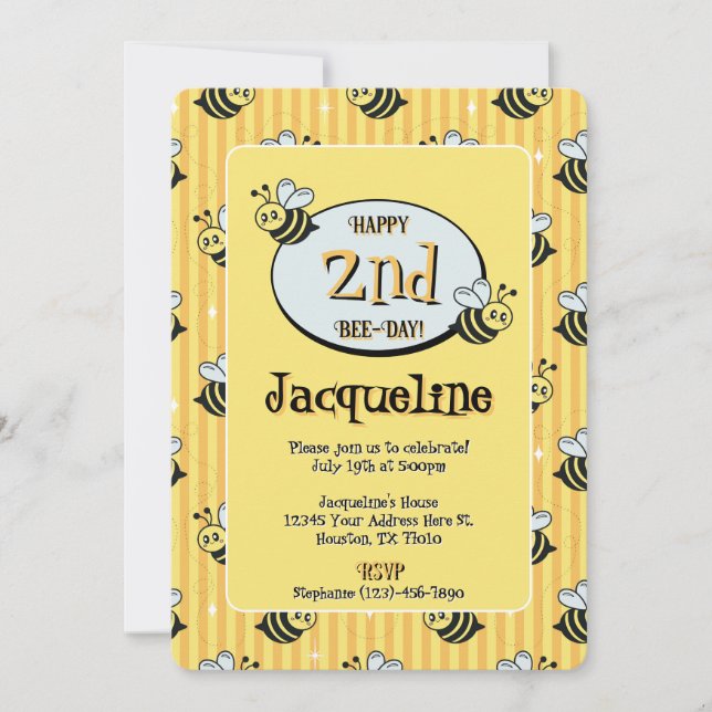 Invitación Cumpleaños de abeja jorobada amarillo rayado retro (Anverso)