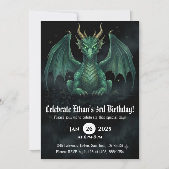 Invitación Cumpleaños de Acuarela de Dragón (Anverso)