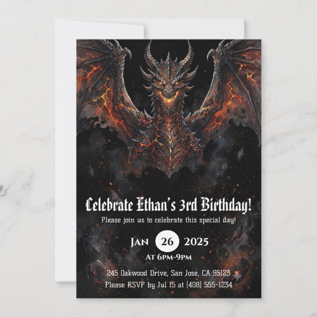 Invitación Cumpleaños de Acuarela de Dragón (Anverso)