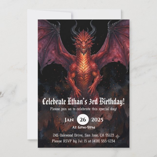 Invitación Cumpleaños de Acuarela de Dragón (Anverso)