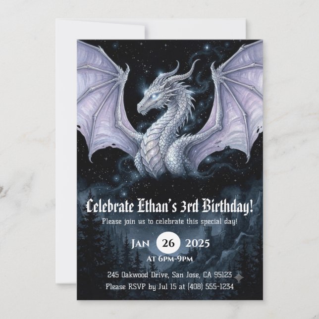Invitación Cumpleaños de Acuarela de Dragón (Anverso)