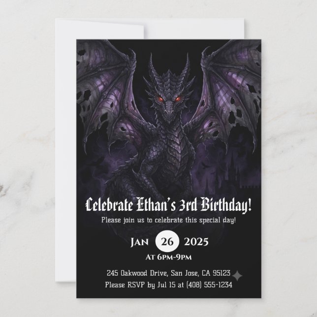 Invitación Cumpleaños de Acuarela de Dragón (Anverso)