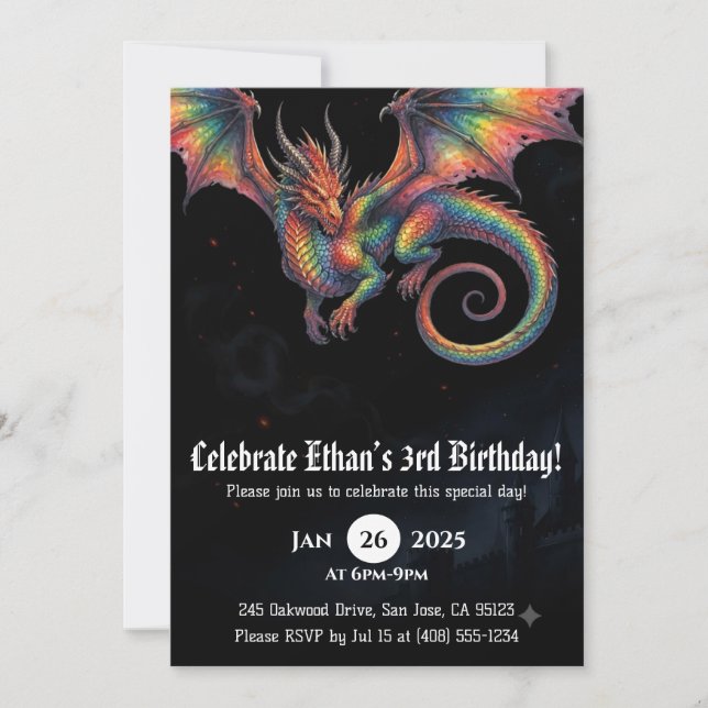 Invitación Cumpleaños de Acuarela de Dragón (Anverso)