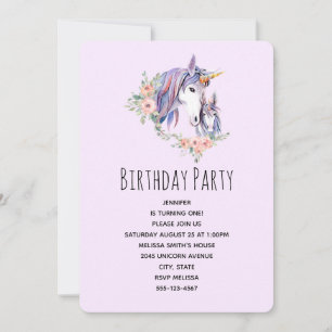 Invitación Cumpleaños de Acuarela de Mamá y Bebé Unicornio Bo