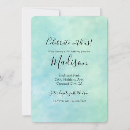 Invitación Cumpleaños de acuarela de tinte teñido azul acuáti