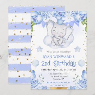 Invitación Cumpleaños de Acuarela Elefante Lindo y Rosas Azul