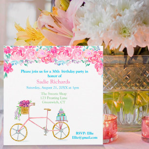 Invitación Cumpleaños de Acuarela Floral con Bicicleta