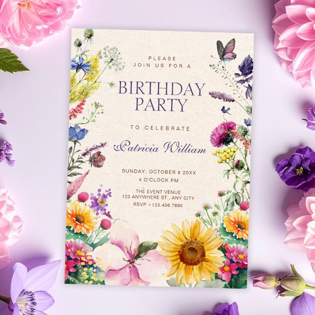 Invitación Cumpleaños de acuarela floral rústica (Subido por el creador)