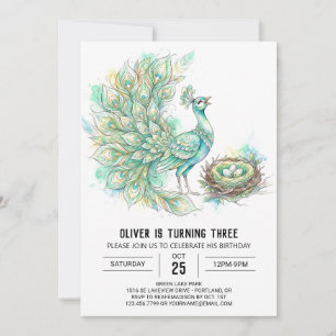 Invitación Cumpleaños de Acuarela Pavo Real Turquesa