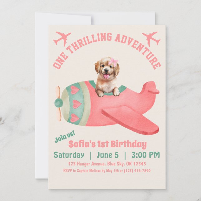 Invitación Cumpleaños de Acuarela Rosa Perro Lindo Volando Av (Anverso)
