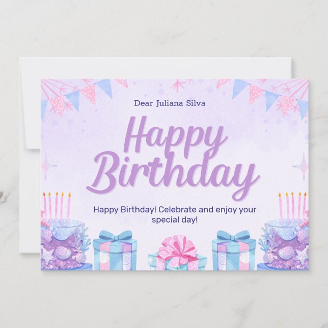 Invitación Cumpleaños de acuarela rosa y azul claro (Anverso)