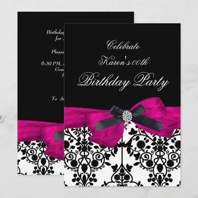 Invitación Cumpleaños de Add Age Fiesta Rosa Damasco Negro Bl (Anverso / Reverso)