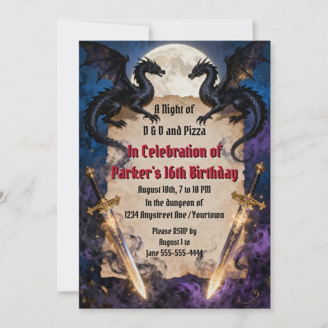 Invitación Cumpleaños de adolescente con dragones negros y es (Anverso)