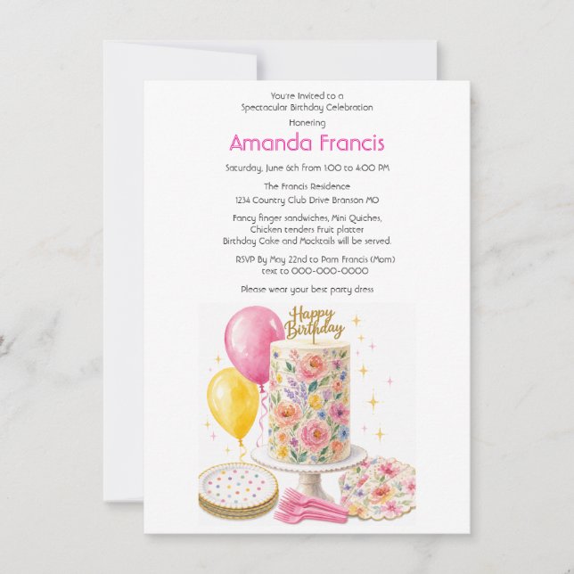 Invitación Cumpleaños de adolescente con tarta de fiesta (Anverso)