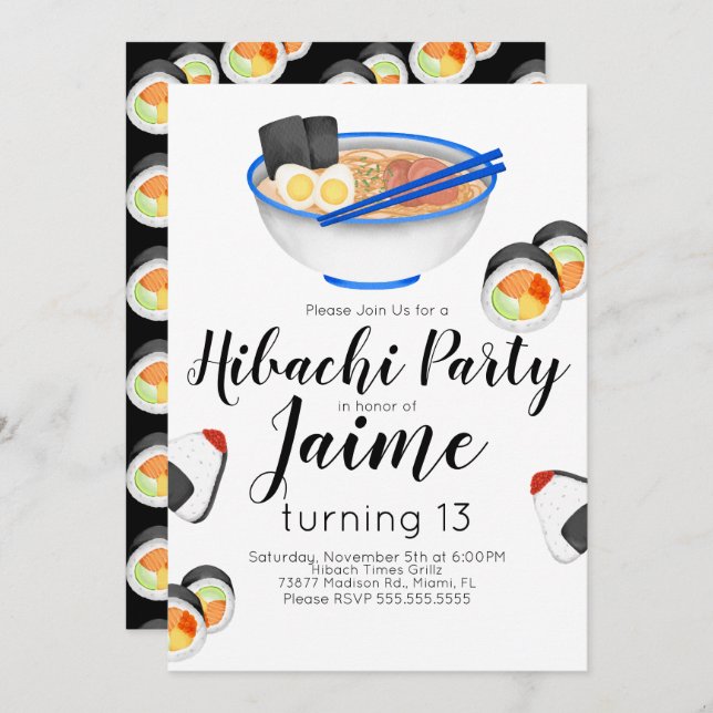 Invitación Cumpleaños de adolescente de sushi de acuarela Hib (Anverso / Reverso)