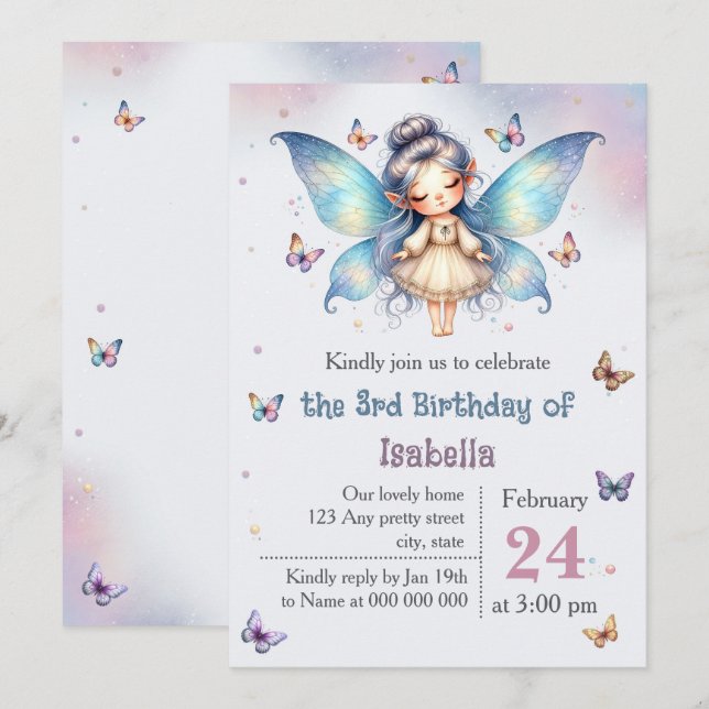 Invitación Cumpleaños de adorable hada pequeña (Anverso / Reverso)