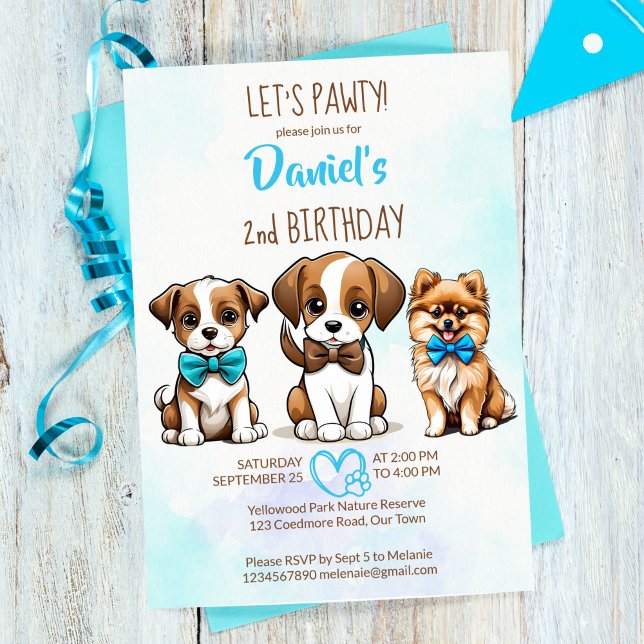 Invitación Cumpleaños de adorables cachorros adorables de col (Let's pawty brown blue cute puppies birthday party invitation editable template digital download)