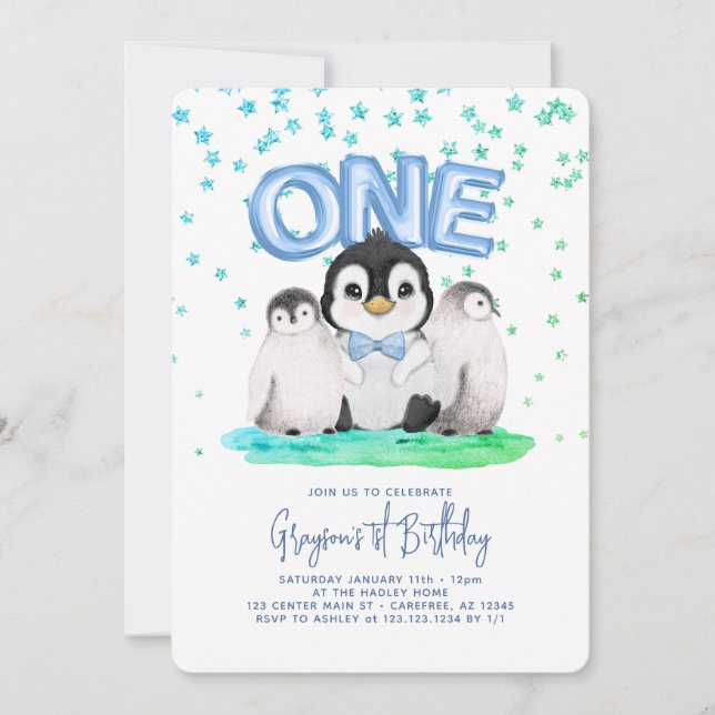 Invitación Cumpleaños de adorables niños pingüinos (Anverso)