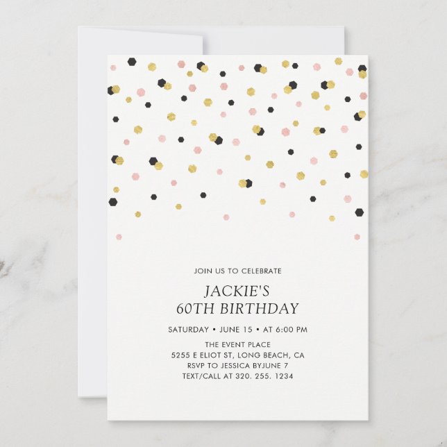 Invitación Cumpleaños de adulto con confeti hexagonal de oro  (Anverso)