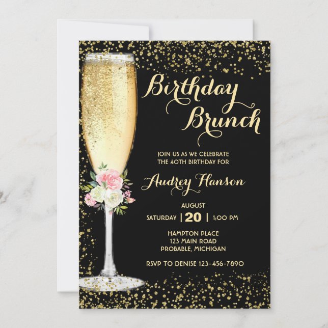 Invitación Cumpleaños de Adultos de Champagne Brunch (Anverso)