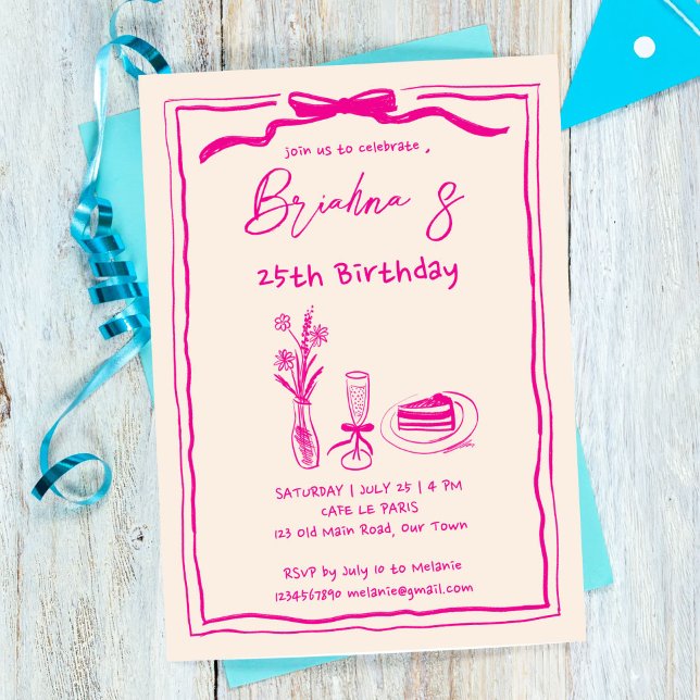Invitación Cumpleaños de adultos de la cinta rosa retro dibuj (Hand drawn retro vintage pink ribbon birthday party invitation template digital download whimsical)