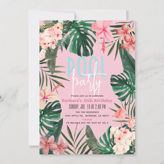 Invitación Cumpleaños de Adultos Rosados Florales Tropicales (Anverso)