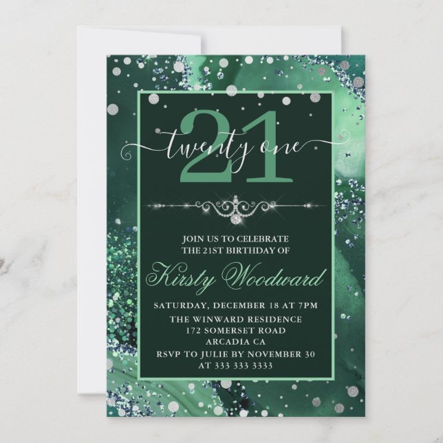 Invitación Cumpleaños de Ágata Brillo Falso Verde Oscuro (Anverso)