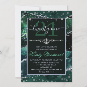 Invitación Cumpleaños de Ágata Brillo Falso Verde Oscuro y Pl