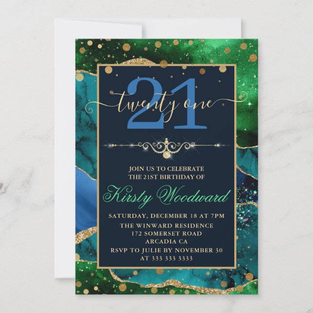 Invitación Cumpleaños de Ágata con Brillo Azul, Verde y Dorad (Anverso)