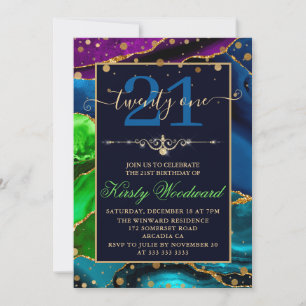Invitación Cumpleaños de ágata con brillo azul verde y púrpur