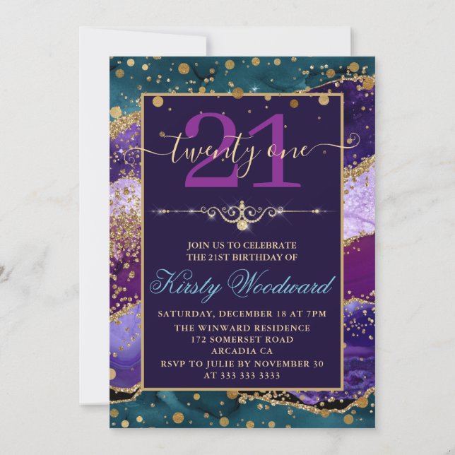 Invitación Cumpleaños de Ágata con Brillo de Oro Falso, Verde (Anverso)
