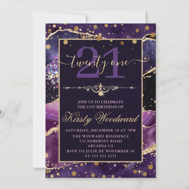 Invitación Cumpleaños de ágata con brillo dorado falso rosa y (Anverso)
