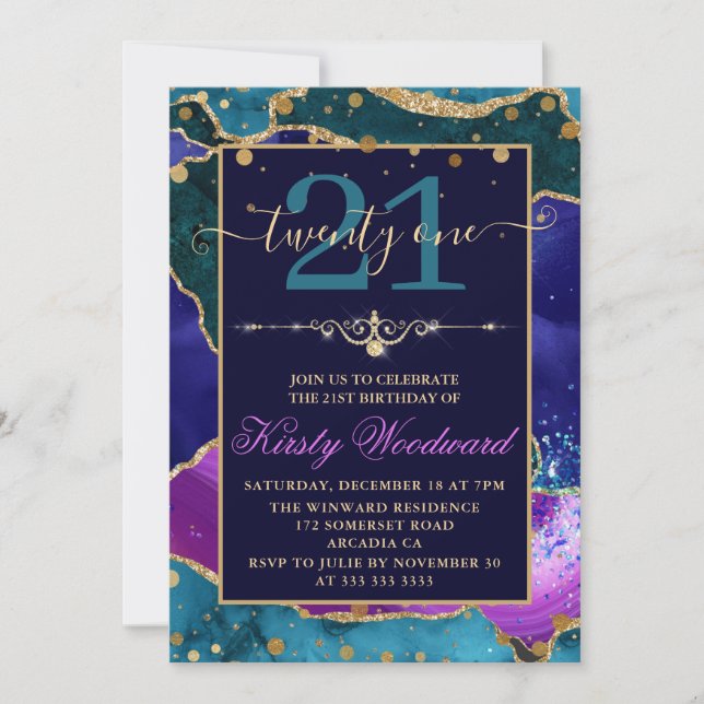 Invitación Cumpleaños de Ágata con Brillo Dorado Púrpura, Ros (Anverso)