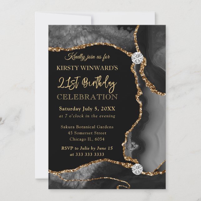 Invitación Cumpleaños de Ágata con Brillo Falso Negro y Dorad (Anverso)
