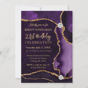 Invitación Cumpleaños de Ágata con Brillo Falso Púrpura y Dor