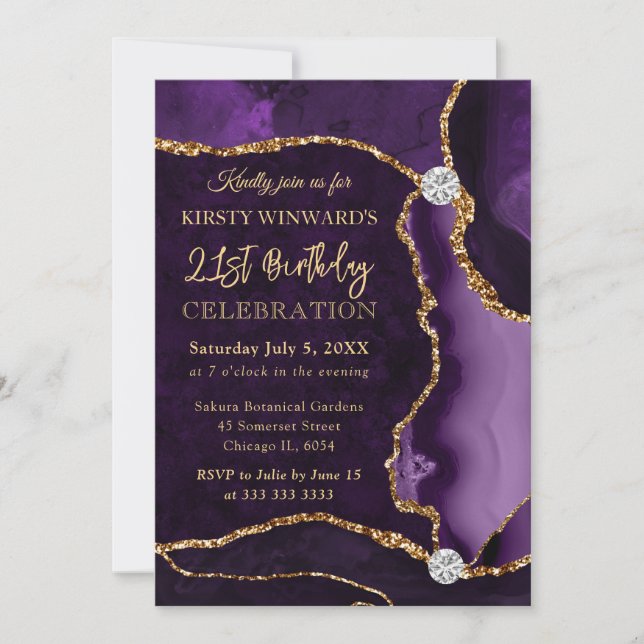 Invitación Cumpleaños de Ágata con Brillo Falso Púrpura y Dor (Anverso)