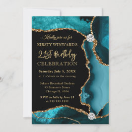 Invitación Cumpleaños de Ágata con Brillo Falso Verde Azul y 