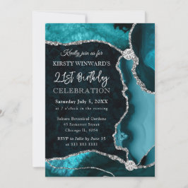 Invitación Cumpleaños de Ágata Falsa Brillante Azul Verdosos 