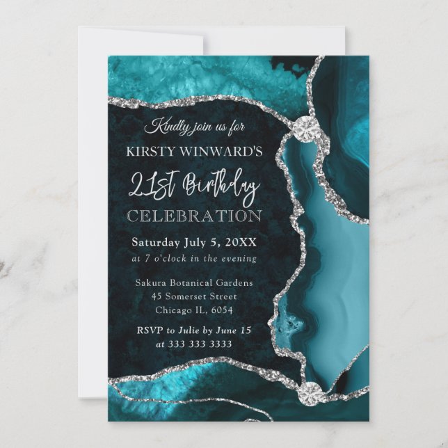 Invitación Cumpleaños de Ágata Falsa Brillante Azul Verdosos  (Anverso)