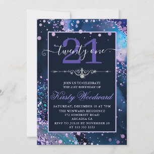 Invitación Cumpleaños de Ágata Falsa Brillante Azul y Púrpura