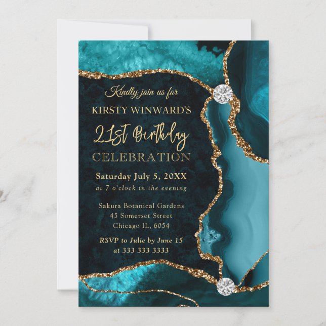 Invitación Cumpleaños de Ágata Falsa Brillante Verde Azul y D (Anverso)