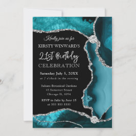 Invitación Cumpleaños de Ágata Falsa Brillo Teal y Plata
