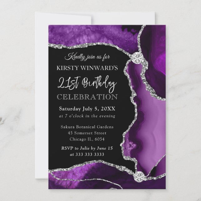 Invitación Cumpleaños de Ágata Falsa Purpura y Plateada Brill (Anverso)