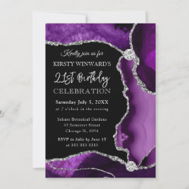 Invitación Cumpleaños de Ágata Falsa Purpura y Plateada Brill